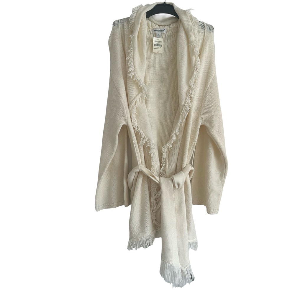 NWT Coldwater Creek Cream Fringe Open Front Soft Knit Cardigan with Belt